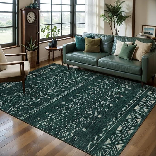 SERISSA 4x6 Area Rugs for Living Room, Washable Non-Slip Dark Green Boho Rug, Soft Low-Pile Geometric Indoor Carpet for Dining Room Bedroom Home Office Nursery
