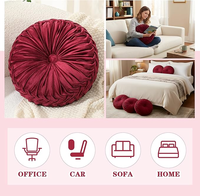 Drydiet 1 Pcs Round Throw Velvet Pillows Decorative Pleated Throw Pillows 15'' Diameter Accent Pumpkin Boho Chair Cushion for Couch Sofa Home Decoration (Burgundy)