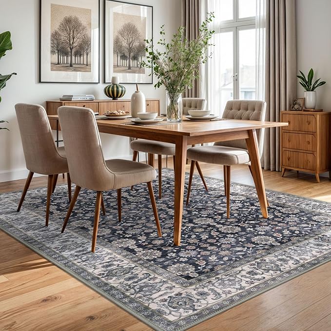 KUTA 5x7 Area Rugs, Vintage Washable Rugs for Living Room Grey Black Beige Ultra Thin Soft Non-Slip Printed Distressed Traditional Farmhouse Carpet for Bedroom Dining Room Dorm Office Home