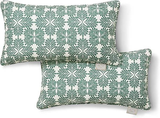 Martha Stewart Tulum Indoor Outdoor Decorative Lumbar Pillow 2-Pack Set, UV Fade Resistant, Water Repellent, Printed Modern Design, Green, 11"x18"