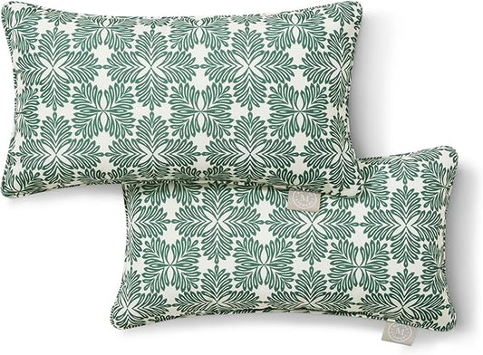 Martha Stewart Tulum Indoor Outdoor Decorative Lumbar Pillow 2-Pack Set, UV Fade Resistant, Water Repellent, Printed Modern Design, Green, 11"x18"