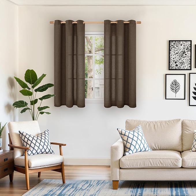 YoungsTex Brown Linen Curtains 48 Inch Length for Living Room Window, Light Filtering Drapes Semi Sheer with Bronze Grommet Privacy for Bedroom, 42 x 48 Inch, 2 Panels