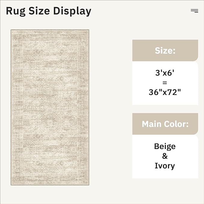 Soalmost Runner Rug 3x6 Washable Non-Slip Kitchen Runner Rugs for Bathroom Laundry Room Beige Vintage Floor Carpet Runners for Hallway Entryway