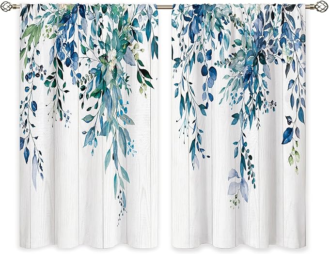 Farmhouse Teal Eucalyptus Small Kitchen Curtains Blue Leaves Window Treatment Turquoise Wooden Cafe Short Curtains for Bathroom Dining Laundry Room Botanical Tier Treatment Drapes 26x36 inch