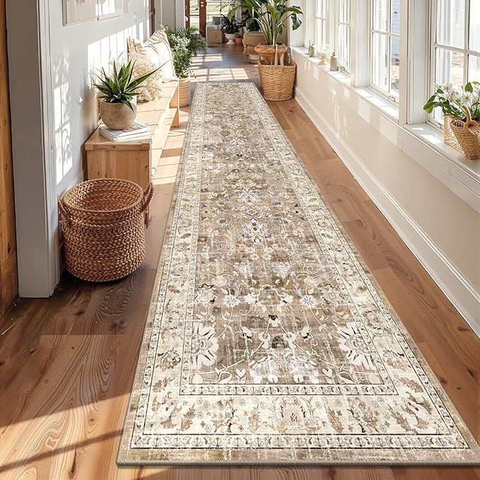 LOKHOM Washable Runner Rug, 3x14 Non-Slip Vintage Kitchen Runner Rug with Rubber Backing, Boho Floral Soft Faux Wool Hallway Rug Carpet Runner for Laundry Entryway Bedroom (Beige Brown)