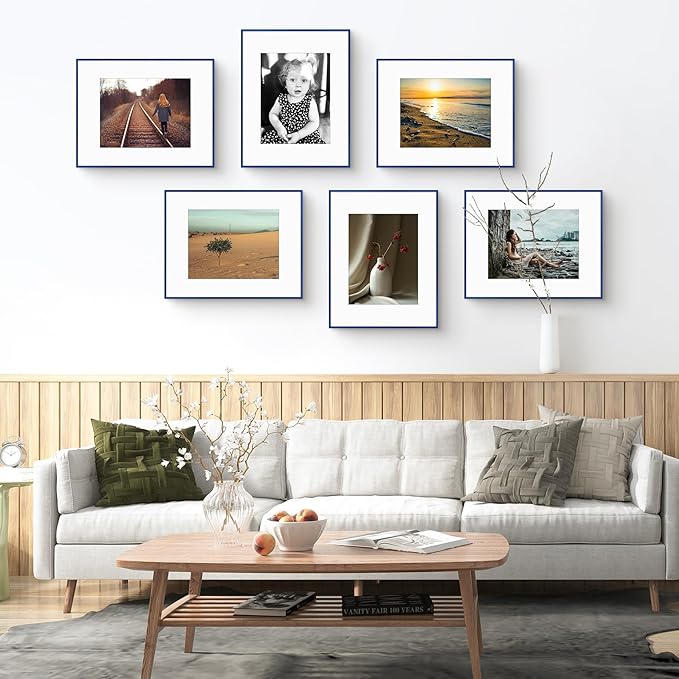 Golden State Art 16x20 Picture Frame 6 Pack - Navy Blue Aluminum Photo Frames With 11x14 Mats and Real Glass Cover - Elegant Minimalist Wall Gallery Frames for Home or Office Decor