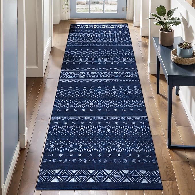 SERISSA 2x5 Kitchen Runner Rug, Washable Non-Slip Blue and White Boho Rug, Soft Low-Pile Geometric Indoor Carpet for Hallway Laundry Room Bathroom Bedroom Entryway