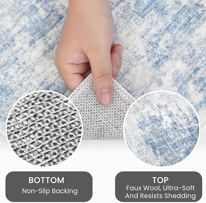 IOHOUZE Abstract Runner Rug 2x5 Ft Washable Runners for Hallways, Non Slip Kitchen Runner Printed Faux Wool Entryway Runner Indoor, Modern Floor Carpet for Hall Kitchen Bedroom, Light Blue Grey
