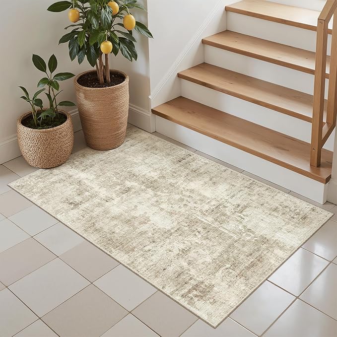 Soalmost 2x3 Washable Rugs for Kitchen, Floor, Entryway, Powder Room Small Area Rug Non-Slip Vintage Low Pile Throw Door Mat Beige/Gray