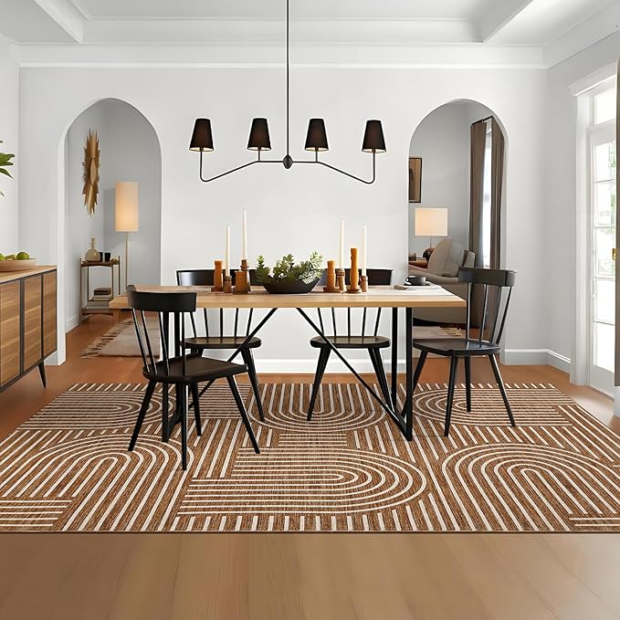 ROYHOME Washable Rug 9x12 Area Rugs for Living Room, Abstract Rug for Bedroom, Soft Rainbow Non Slip Throw Rugs With Rubber Back, Low Pile Stain Resistant Boho Geometric Carpet for Dining Room, Copper
