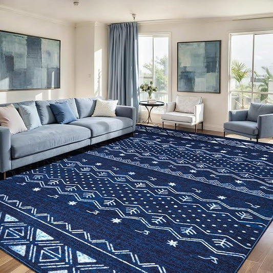 SERISSA 8x10 Area Rugs for Living Room, Washable Non-Slip Blue and White Boho Rug, Soft Low-Pile Geometric Indoor Large Carpet for Dining Room Bedroom Home Office Playroom
