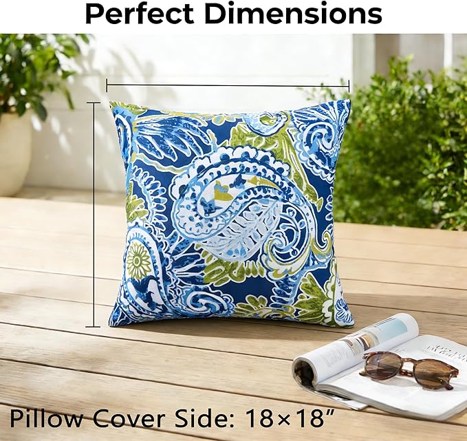 JMGBird Water-Resistant Outdoor Pillows Set of 2, 18x18 inch Durable Green Paisley Pattern Throw Pillows with Inserts for Patio Furniture