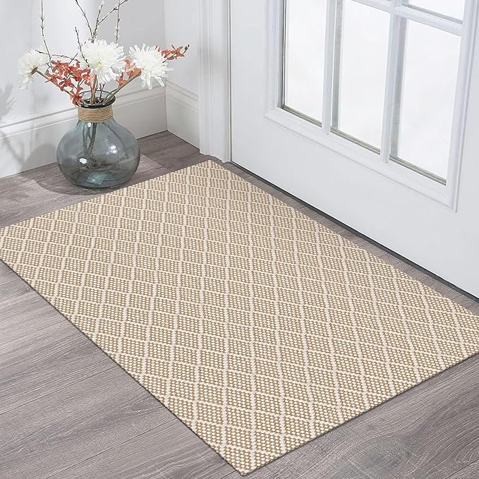 KOZYFLY Small Area Rug 2x3 Ft Washable Entryway Rug Non Slip Rubber Backed Throw Rugs Indoor Door Mat, Braided Cotton Floor Carpet for Front Entrance Front Door Sink Foyer, Tan/Beige
