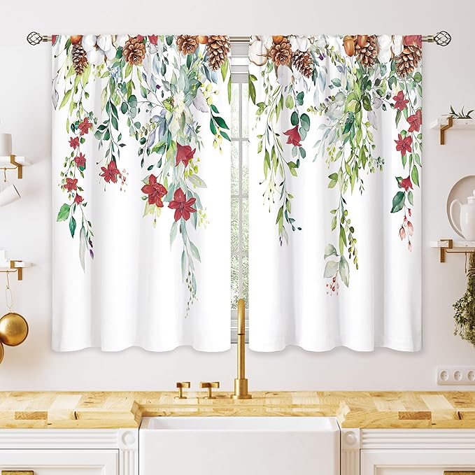 Red Flower Eucalyptus Botanical Leaves Sage Green Christmas Floral Kitchen Window Curtains Over Sink Leaf Small Treatment Cafe Short Curtains for Bathroom Treatment Tier Drapes 27.5x39 inch