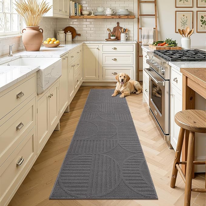 Findosom Washable Runner Rug 2x8, Geometric High-Low Textured Non Slip Hallway Runner Rug with Rubber Backing, Boho Carpet Runner for Kitchen, Bedroom, Laundry, Entryway, Bathroom, Gray
