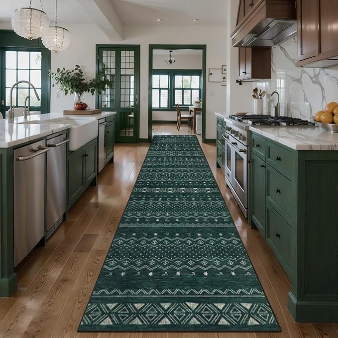 SERISSA Hallway Runner Rug, 2x10 Washable Non-Slip Dark Green Runners for Hallways, Soft Low-Pile Boho Geometric Indoor Long Carpet for Kitchen Entryway Laundry Bedroom Bathroom