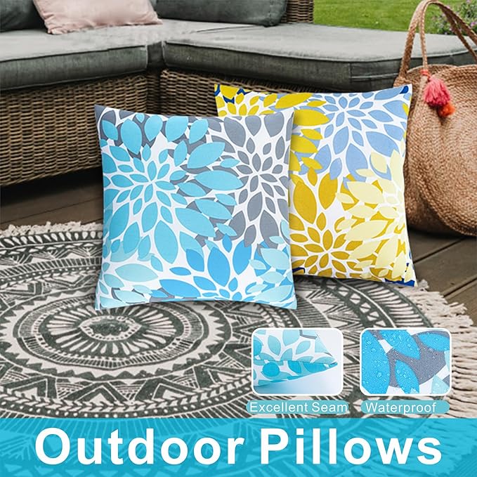 JMGBird Water-Resistant Outdoor Pillows Set of 2, 18x18 inch Durable Sky Blue Mandala Pattern Throw Pillows with Inserts for Patio Furniture