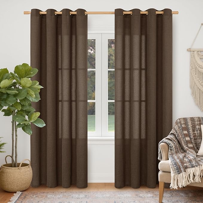 YoungsTex Brown Linen Curtains 80 Inch Length for Living Room, Chocolate Light Filtering Drapes Semi Sheer with Bronze Grommet Privacy for Bedroom Farmhouse Decorative, 52 x 80 Inch, 2 Panels