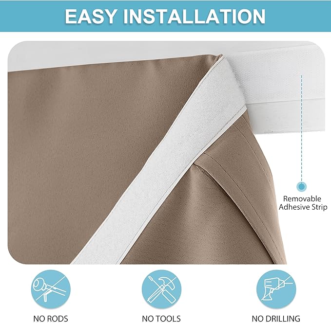 RYB HOME Blackout French Door Curtain - Privacy Thermal Insulated Window Shades for Patio Kitchen Front Entry Back Door Glass Window, Self Adhesive No Drill, 1 Panel, 12" W x 40" L, Mocha