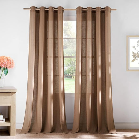 NICETOWN Gold Brown Linen Curtains for Kitchen, Thick Flax Small Window Treatments Semi Sheer Privacy Assured with Light Through for Cafe/Bathroom, W55 x L84, 2 Panels