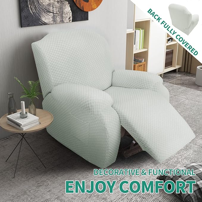 YEMYHOM 4 Pieces Stretch Recliner Slipcover Latest Jacquard Recliner Chair Cover with Side Pocket Anti-Slip Fitted Recliner Cover Couch Furniture Protector with Elastic Bottom (Recliner, Ivory)