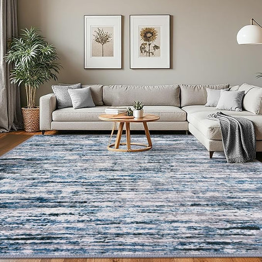 Lansny Modern Abstract 8x10 Large Machine Washable Living Room Rug Non-Slip Soft Bedroom Area Rug Grey Blue White Thin Print Faux Wool Carpet Throw Rugs for Nursery Playroom Dining Room Indoor