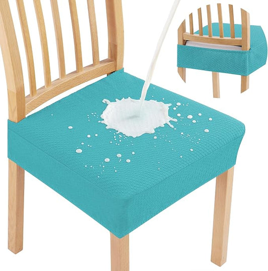 Smiry Waterproof Seat Covers for Dining Room Chairs Set of 6, Stretch Jacquard Removable Washable Chair Seat Slipcovers Protector, No Rear Covers, Aqua