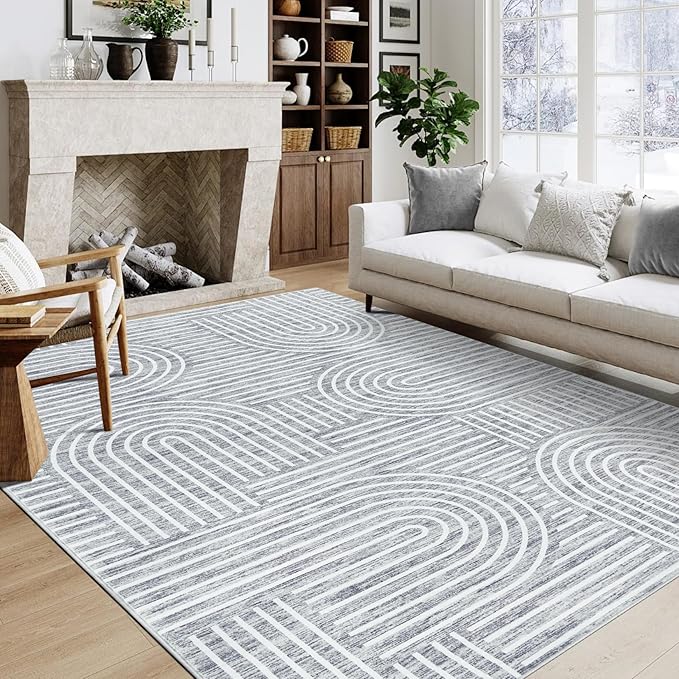 ROYHOME Washable Rug 6x9 Area Rugs for Living Room, Abstract Rug for Bedroom, Soft Rainbow Non Slip Throw Rugs with Rubber Back, Low Pile Stain Resistant Boho Geometric Carpet for Dining Room, Ash