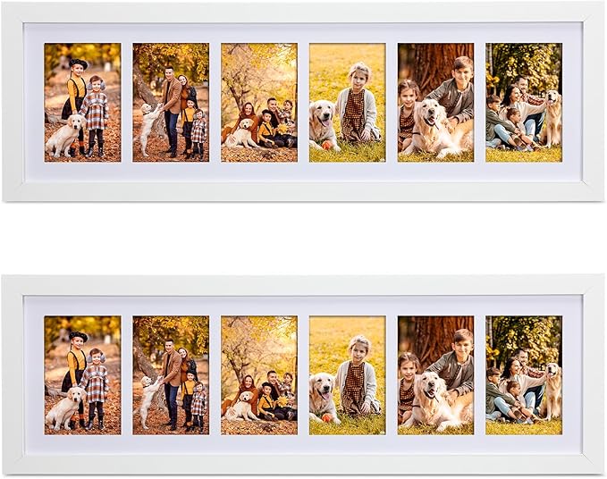 Chunful 2 Pcs 28.4 x 9.5 Inches Collage Picture Frames for Wall Multiple 4 x 6 Inch Wood Picture Frame Display 6 Opening Multi Photo Frame with Acrylic Screens Horizontal and Vertical(White)