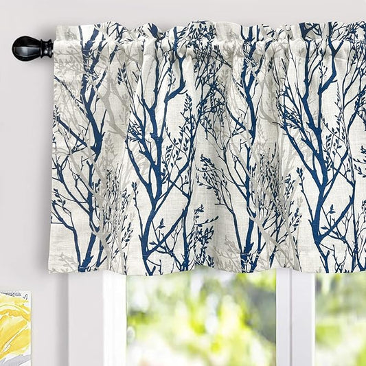 DriftAway Tree Branch Linen Lined Valance Double Layer Thermal Insulated Room Darkening Blackout Valances 3 Inch Rod Pocket Short Window Valance for Living Room Bathroom 52 Inch by 24 Inch Blue