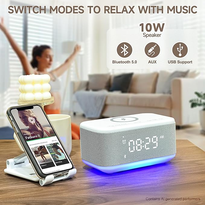 Alarm Clock Speaker Wireless Charger, Digital Alarm Clocks Bedrooms Bluetooth, Alarm Clock Dimmable Light Bedrooms Dual Alarm Snooze Dimmer 12 24H RGB Night Light Bluetooth USB AUX, Gray - Image 6