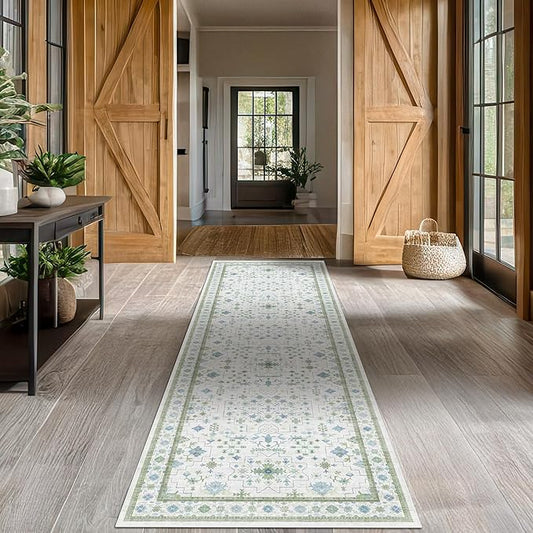 Hazo Haus Oushak 3x16 Wide Hallway Runner Rug - Vintage Turkish Floral, Washable Low Pile Non Slip 16ft Extra Long Runners for Large Kitchen, Hall Way - Light Blue and Green Décor