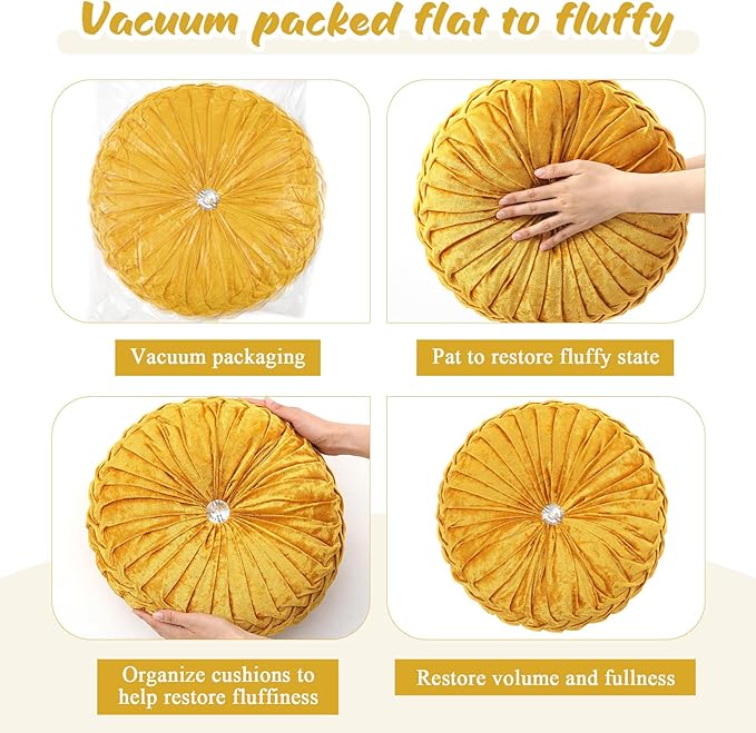 Drydiet 1 Pcs Round Throw Velvet Pillows Decorative Pleated Throw Pillows 15'' Diameter Accent Pumpkin Boho Chair Cushion for Couch Sofa Home Decoration (Velvet Gold)