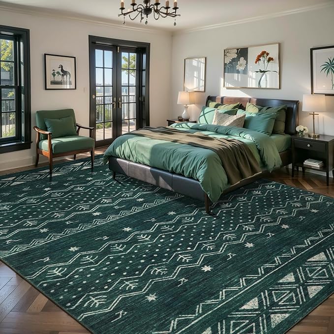 SERISSA 8x10 Area Rugs for Living Room, Washable Non-Slip Dark Green Boho Rug, Soft Low-Pile Geometric Indoor Large Carpet for Dining Room Bedroom Home Office Playroom