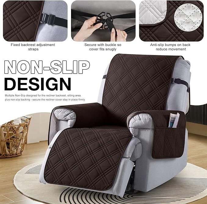 TAOCOCO 100% Waterproof Recliner Chair Covers, Non Slip Recliner Covers for Recliner Chair with Pocket, Washable Reclining Chair Cover Furniture Protector for Kids,Dogs(25'', Coffee)