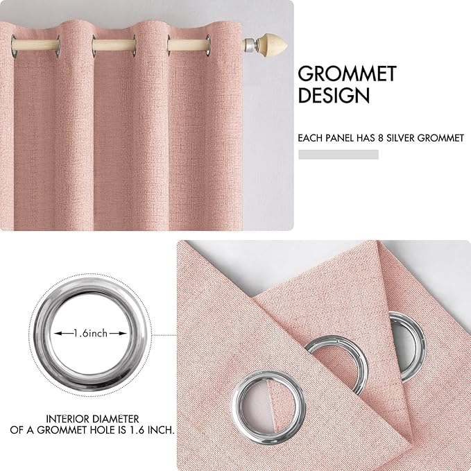 MIULEE Linen Curtains for Bedroom 100% Blackout Thermal Insulated Blush Pink Grommet Room Darkening Curtains & Drapes for Living Room Nursery 52 x 63 Inch (2 Panels)
