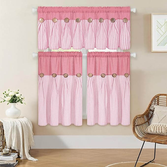 ASPMIZ Boho Linen Kitchen Curtains 36 Inch Length, Farmhouse Kitchen Window Curtain Over Sink, Pink Striped Short Curtains for Small Windows, Bathroom, Rod Pocket Window Treatment Tiers with Button