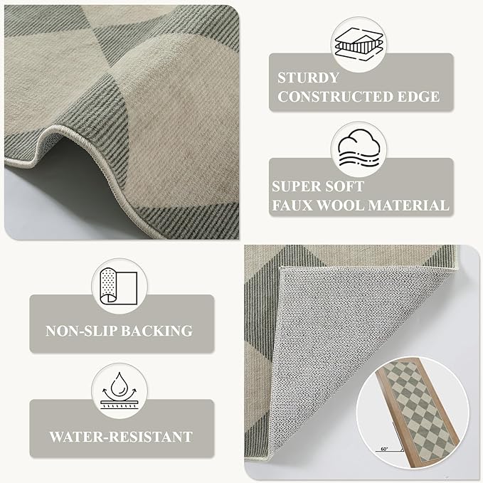 Beeiva Checkered Print Runners for Hallways Non Slip 2.5x12, Green Ultra Thin Washable Runner Rug Neutral Long Rugs for Hallway, Moroccan Plaid Floor Carpet for Kitchen, Modern Gingham Home Decor