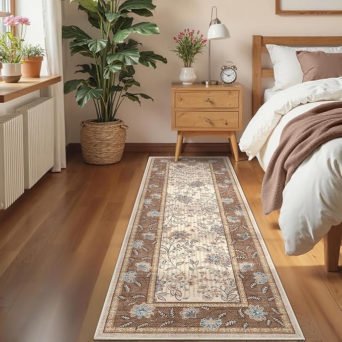 GarveeHome 2x6 Washable Runner Rug for Bedroom, Soft Botanical Floral Kitchen Runner with Non Slip Backing Brown Farmhouse Laundry Mat Stain Resistant Carpet for Hallway Bathroom Beside Rug
