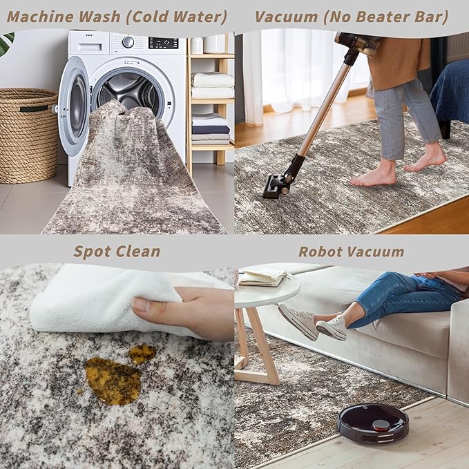 7x9 Modern Living Room Rug – Washable Neutral Abstract Area Rug for Dining Room, Kitchen, Bedroom, – Non-Slip Low Pile Soft Big Indoor Carpet (Brown Beige,7x9)