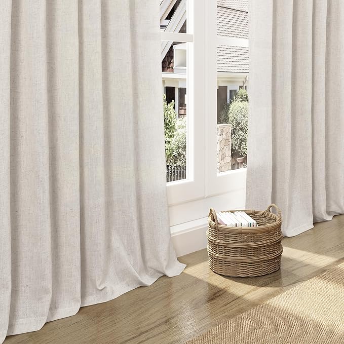 Nanspring Pearl White Linen Curtains 96 Inches Long for Living Room Coastal Decor Luxury Light Filtering Semi Sheer Curtain Back Tab Modern Farmhouse Drapes for Bedroom Office 52x96, 2 Panels
