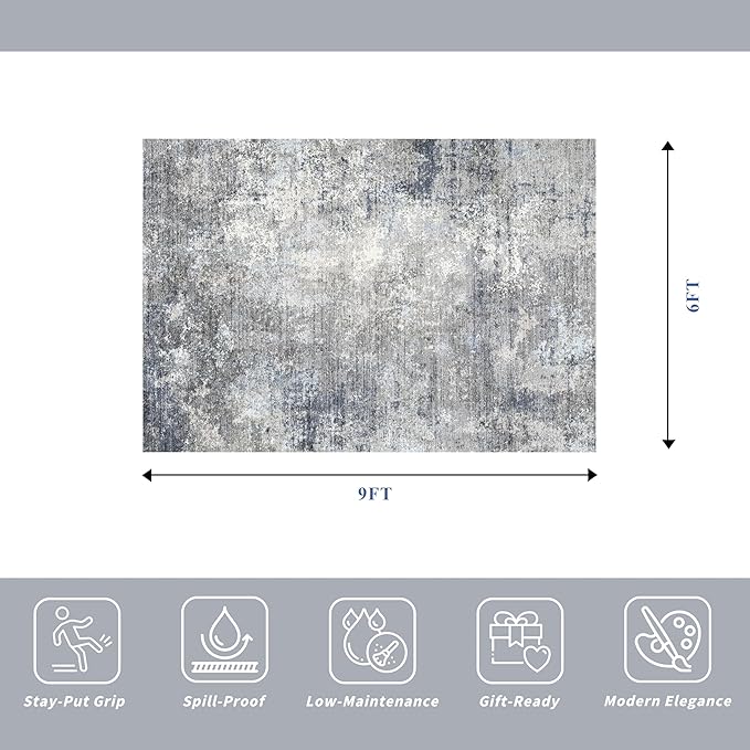 6x9 Washable Living Room Rug – Modern Neutral Abstract Large Indoor Area Rug for Bedroom Dining Room – Non-Slip, Soft, Low-Pile, Thin, Stain-Resistant Indoor Carpet（Blue Grey,6x9）