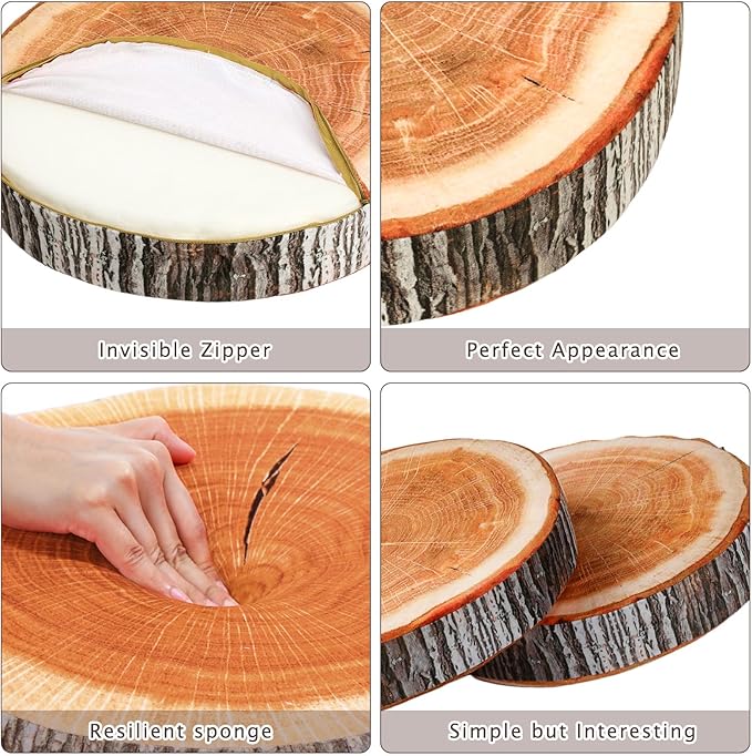 Unittype 6 Pcs Round Throw Pillow Wood Decorative Soft Circle Seating Tree Stump Pillow Floor Cushion Natural Wood Cushion 3D Digital Printing Forest Decor for Bedroom Living Room (Realistic)