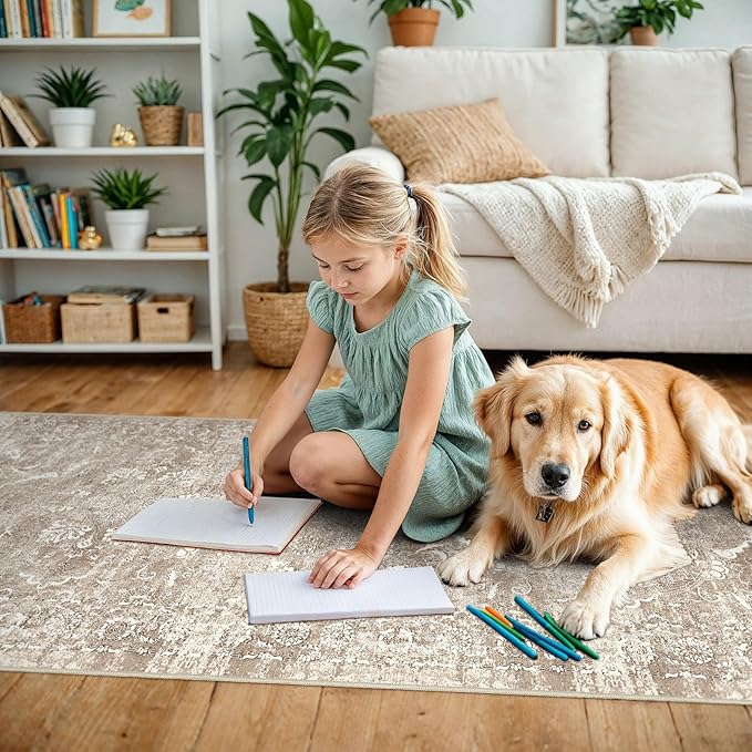 2'6"x14' Washable Hallway Runner Rug - Non Slip Kitchen Runner Rugs with Rubber Backing Vintage Low-Pile Carpet Runners for Entryway Dining Room Laundry Room Home Decor (Beige)