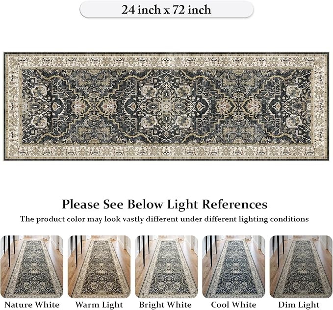 2x6 Washable Kitchen Runner Rug, Non Slip Vintage Runner Rugs for Hallway, Ultra-Thin Low Pile Distressed Kitchen Rugs Non Skid, Machine Washable Laundry Entryway Indoor Carpet,Black