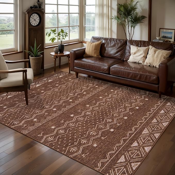 SERISSA 4x6 Area Rugs for Living Room, Washable Non-Slip Coffee Brown Boho Rug, Soft Low-Pile Geometric Indoor Carpet for Dining Room Bedroom Home Office Nursery
