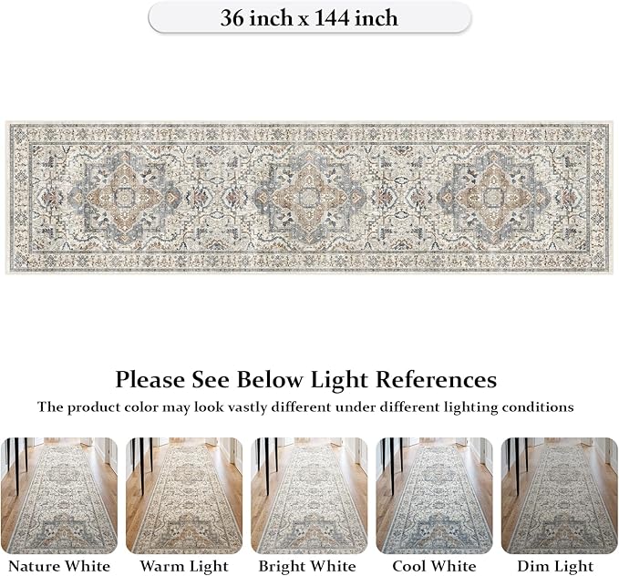 3x12 Runner Rug for Hallway, Non-Slip Long Washable Rug, Soft Thin Vintage Floor Mat for Kitchen, Bathroom, Bedroom, Entryway, Dining Room (Beige/Blue 3'x12')