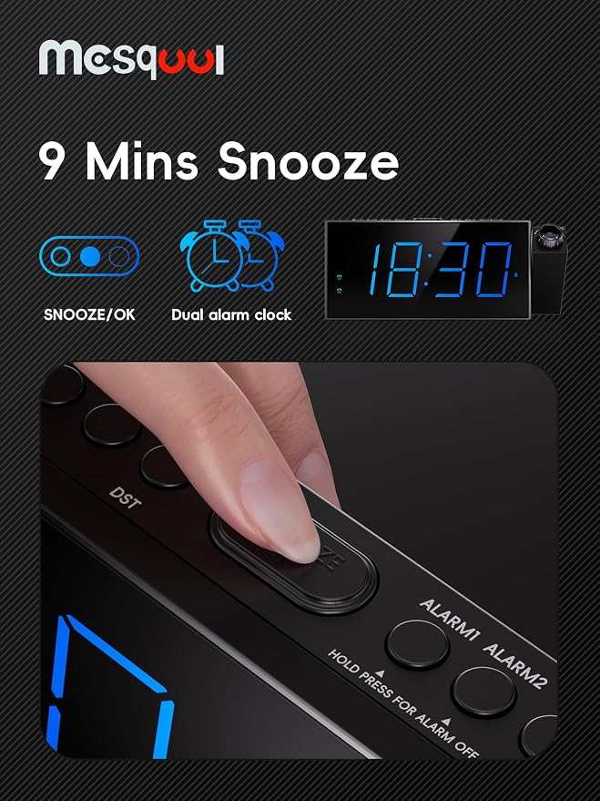 Mesqool Projection Alarm Clock with Loud Bed Shaker, Dual Alarms | 5-level Dimmer, USB charger, Snooze & DST, Loud Vibrating Alarm with Battery Backup, Perfect for Heavy Sleepers - Image 8