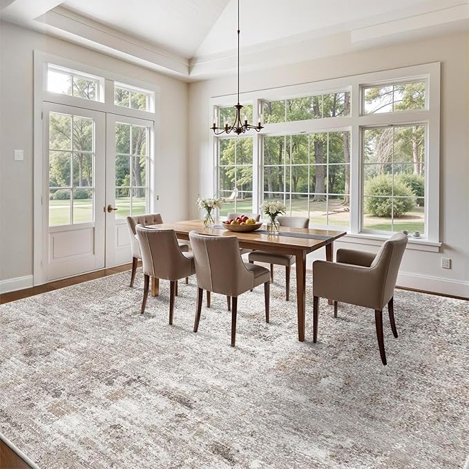 12x12ft Square Living Room Rug – Non-Slip Washable Extra Large Floor Carpet for Bedroom, Dining Room, Playroom Room – Modern Abstract Neutral Thin Low-Pile Big Indoor Rug (Beige Grey)