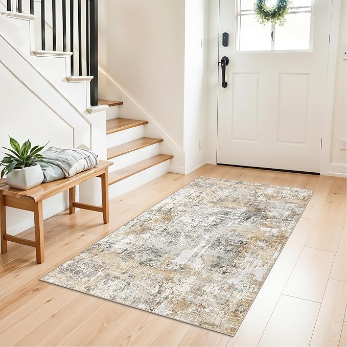 3x4 Modern Entryway Area Rug - Machine Washable Non-Skid Low Pile Indoor Mat for Bathroom,Living Room, Bedroom - Abstract Neutral Small Throw Soft Carpet with Rubber Backing (Gold Grey)